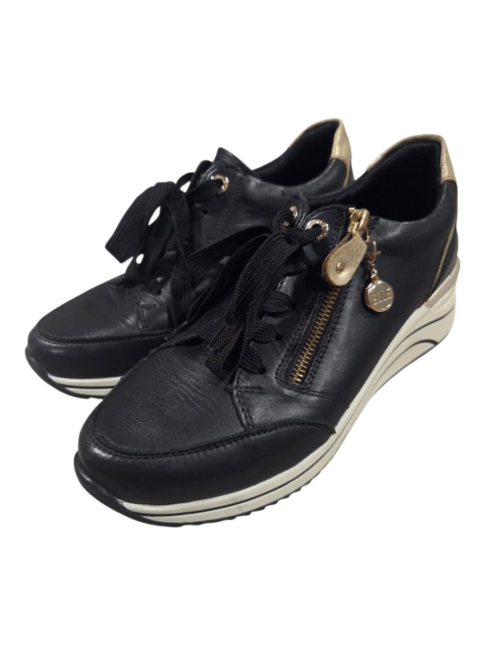 Remonte Black Leather Wedge Sneakers with Gold Accents